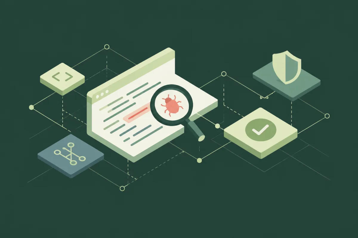 A magnifying glass finds a bug in a code window linked to a dependency diagram, a shield, and a verification check.