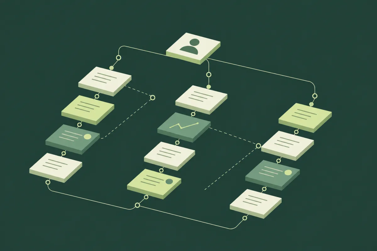 Three lanes of project tasks connect to a responsible person, with links between progress and dependent work.