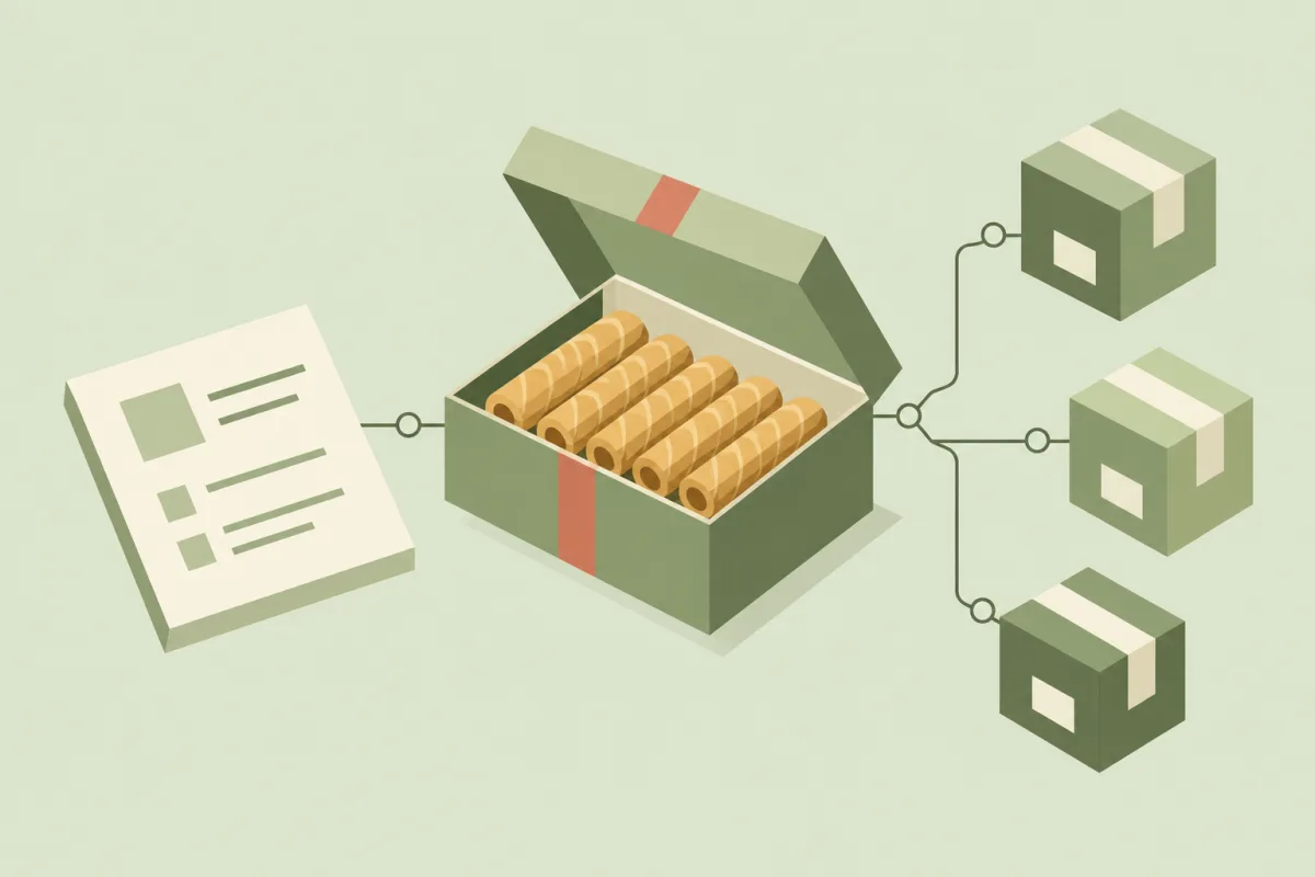An order form connects to an open egg-roll gift box, then branches into three delivery parcels.