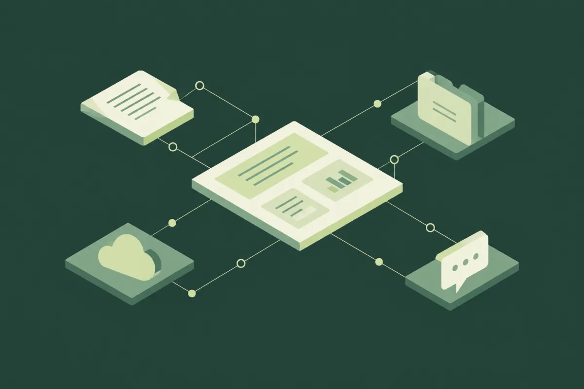 A central workspace connects documents, folders, cloud storage, and conversations through a shared hub.