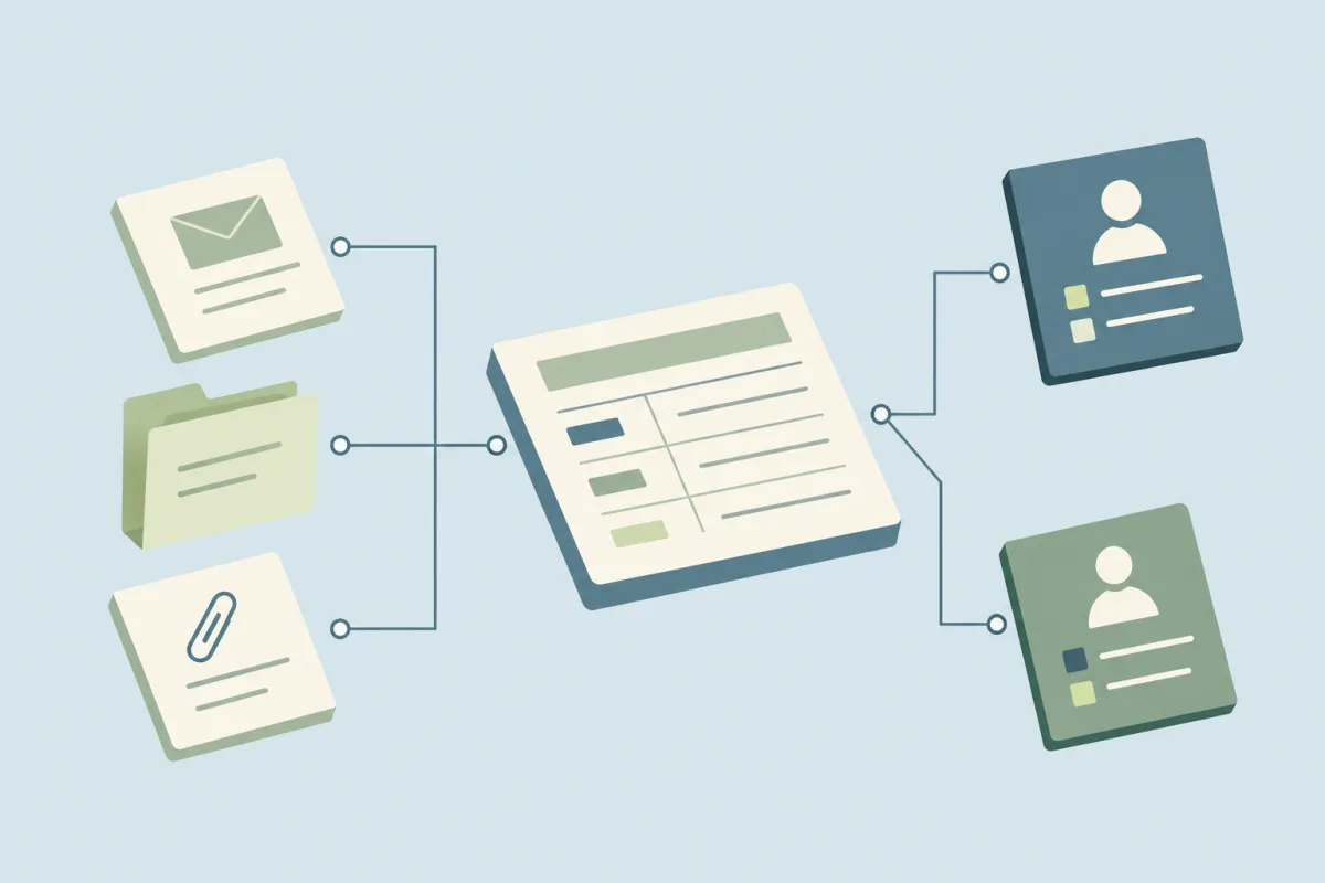 Email, folders, and attachments feed into a shared work list that connects to two assigned team members.