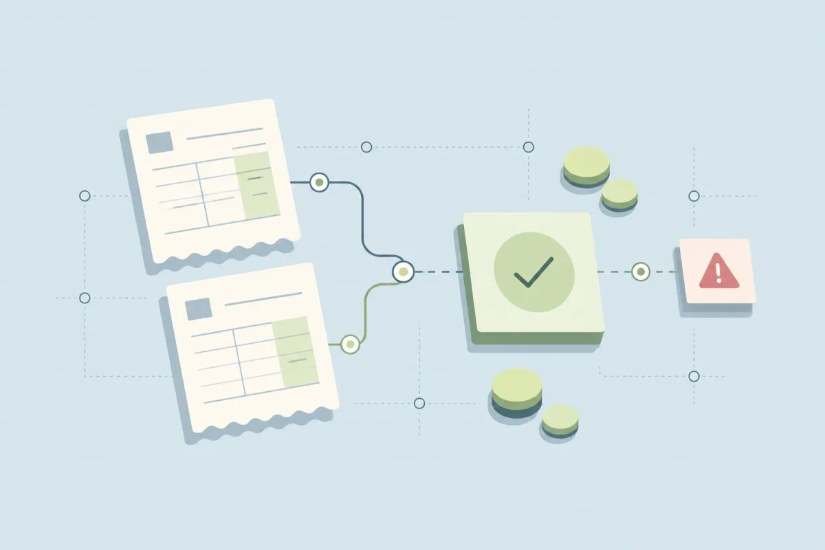 Two invoices converge on a matching check, with payment coins and a separate warning for exceptions.