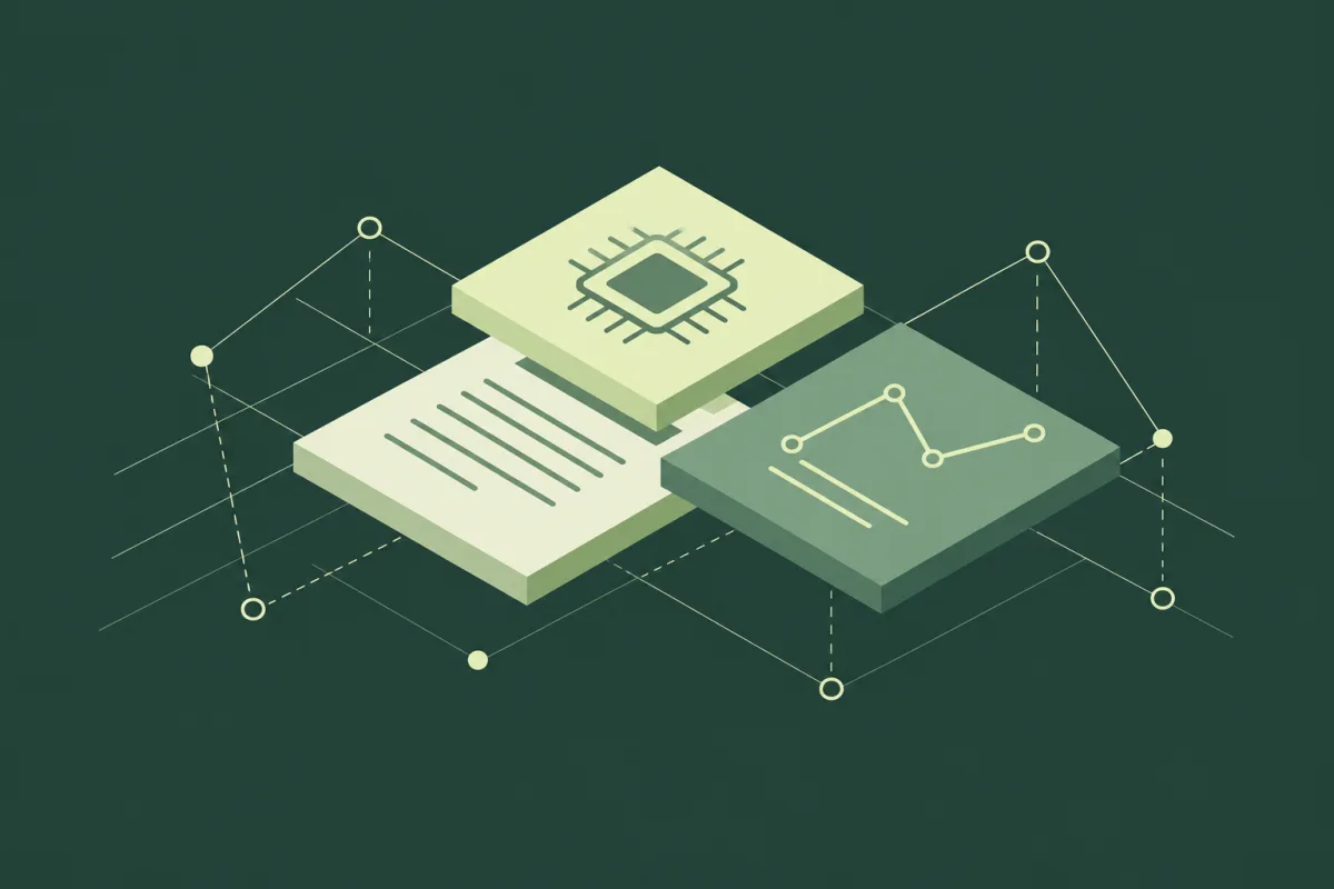 Connected research document, semiconductor chip, and line-chart cards form a shared knowledge network.