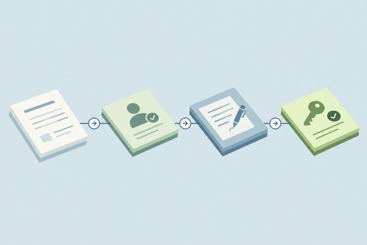 A document moves through applicant verification and contract signing to a key marked with an approval check.