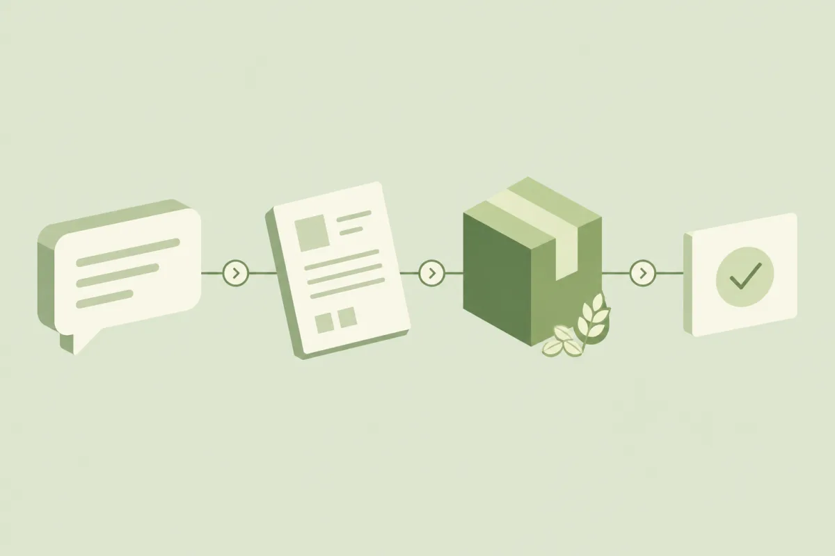 A conversation flows into an order form, an ingredient package, and a completion check along one connected path.