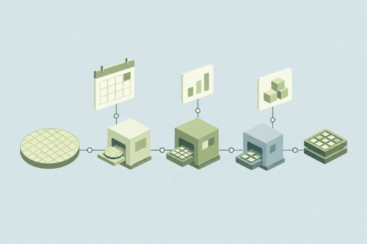 A wafer moves through three production stations toward finished chips, linked to scheduling, progress, and inventory.