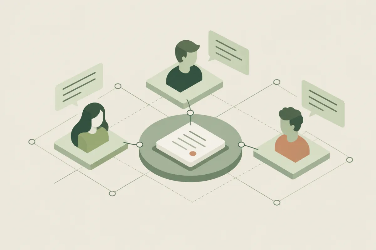 Three participants and their speech bubbles connect to a shared document at the center of a roundtable.