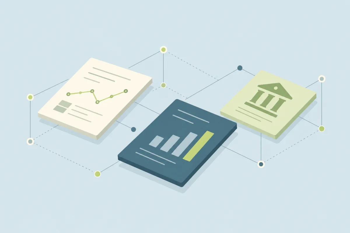 Bank information, a research report with a trend line, and a bar chart connect through a shared research network.