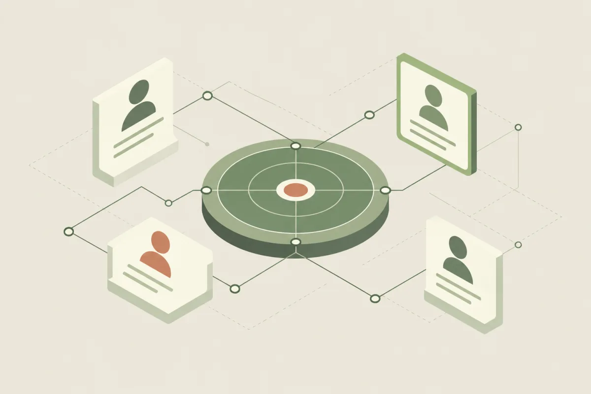 Four candidate profile cards connect to a central radar target, with one profile highlighted for closer review.