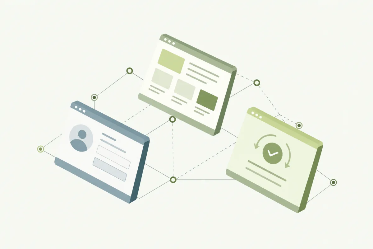 Three connected browser windows show website content, a membership form, and a maintenance cycle with a check.