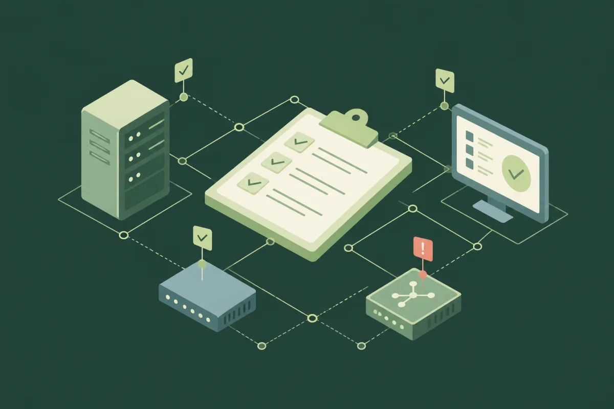 A server, monitor, and network devices surround an inventory checklist, with checks and an alert marking device status.