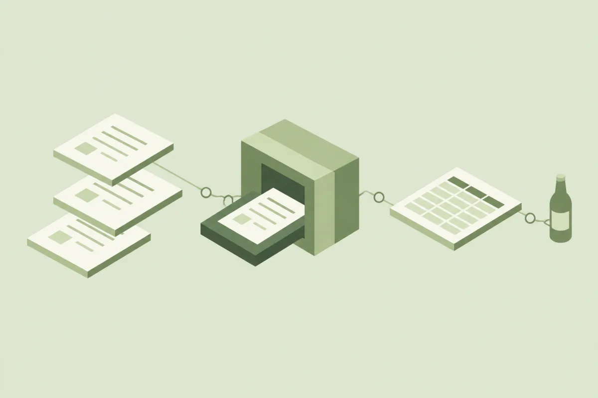 Paper order forms pass through a scanner into a structured data table linked to a beverage product.